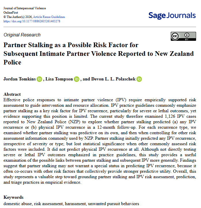 New research examines whether partner stalking predicts subsequent intimate partner violence reported to police